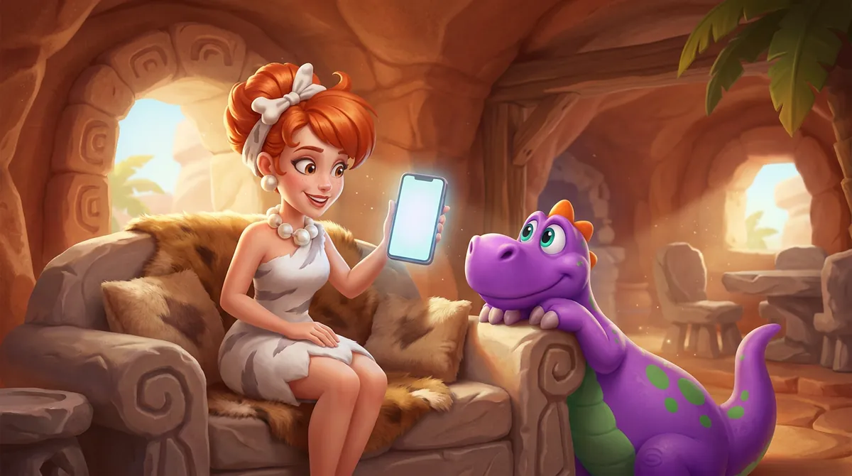 Rudowłosa bohaterka Stonevegas ze smartfonem na kamiennej kanapie, obok fioletowy dinozaur